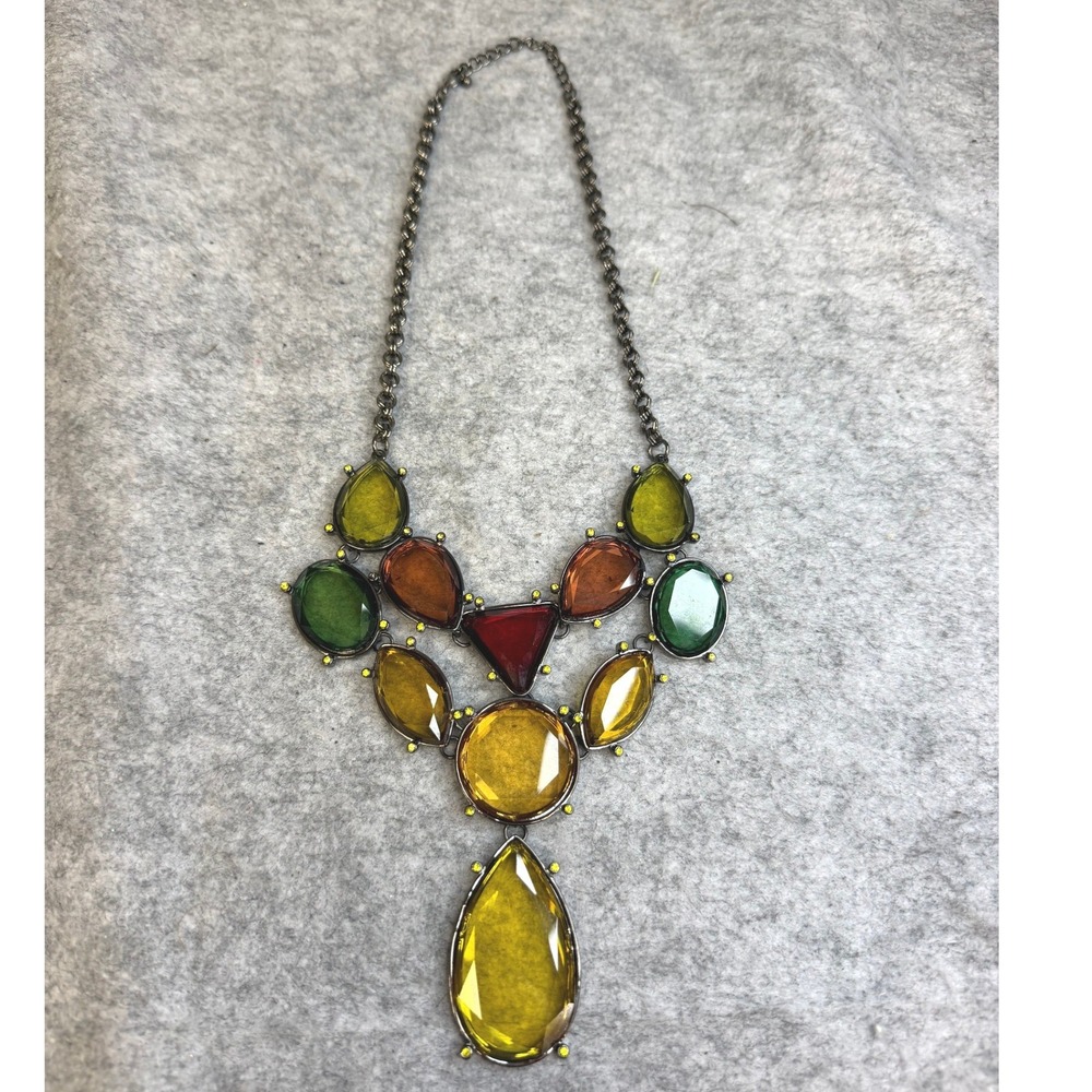 Multicolor Statement Bib Necklace Gunmetal Amber Green Red Teardrop Stones